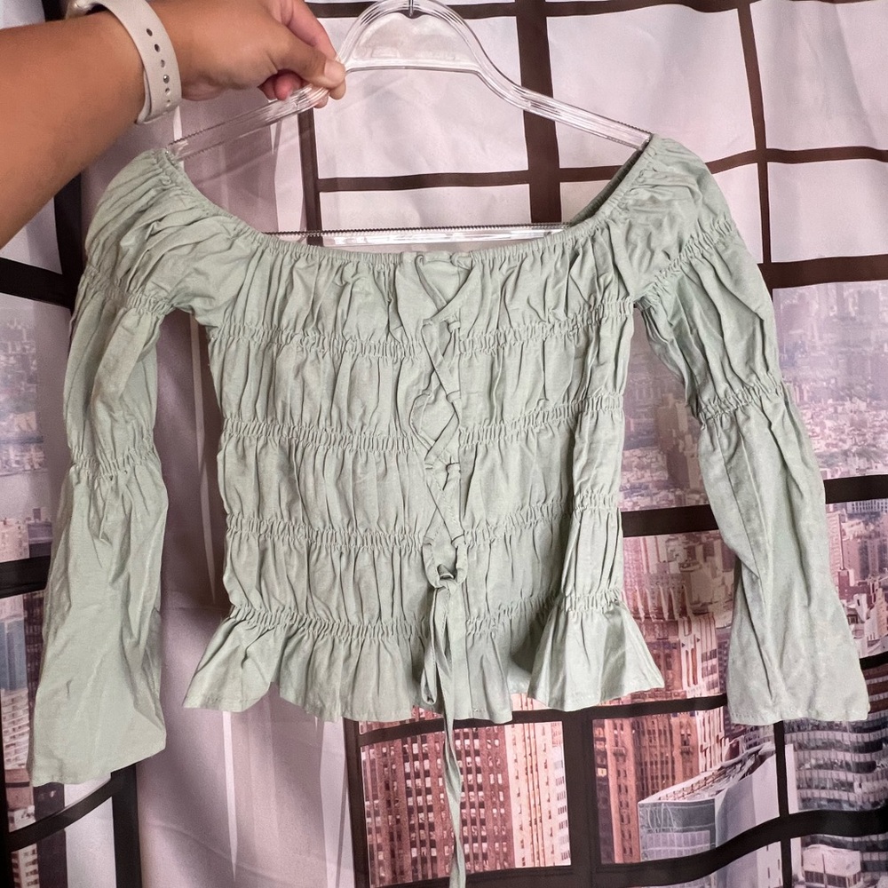 SOLD NWT Boutique Cute Mint Off the Shoulder Scrunch Long Sleeve Top Size Small